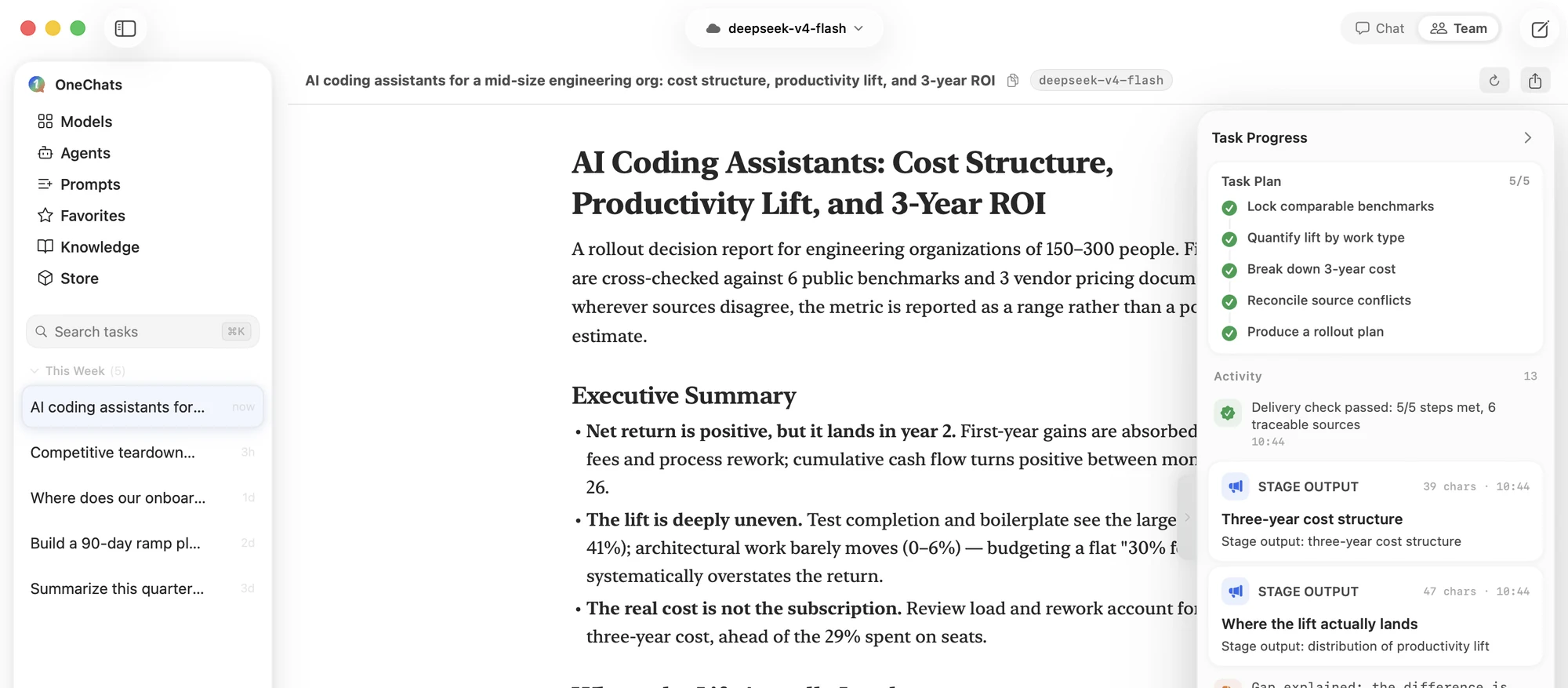 OneAce Agent Team on macOS — a cited research report beside the live task-progress panel