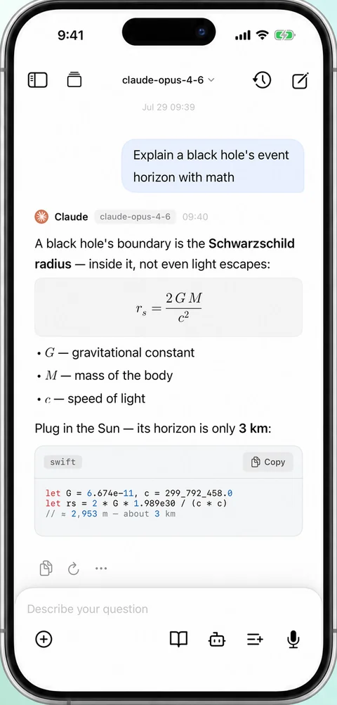OneAce on iPhone rendering math and code